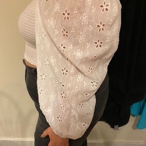 Off the shoulder white blouse with floral sleeve